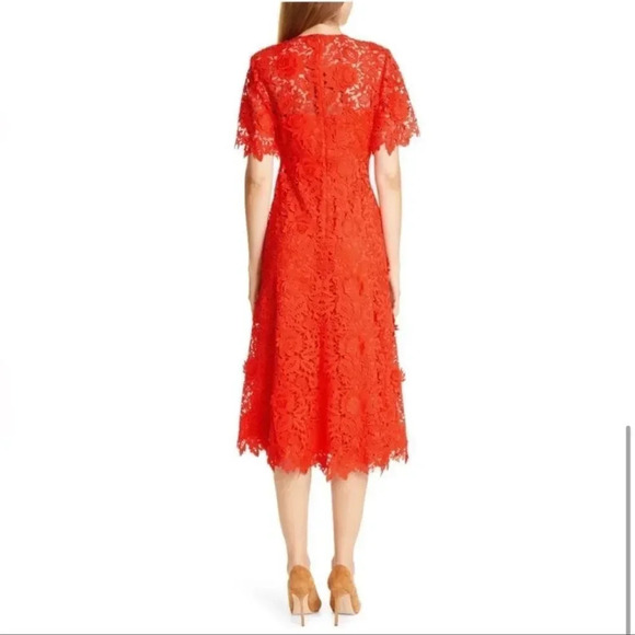 Lela Rose Women's Red Lace Floral Guipure Flutter Sleeve Sheath‎ Midi Dress 2 - Picture 3 of 11